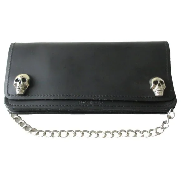 Men's Genuine Leather Skull Skeleton Trucker Snap Chain Wallet Black USA Made - Picture 2 of 7